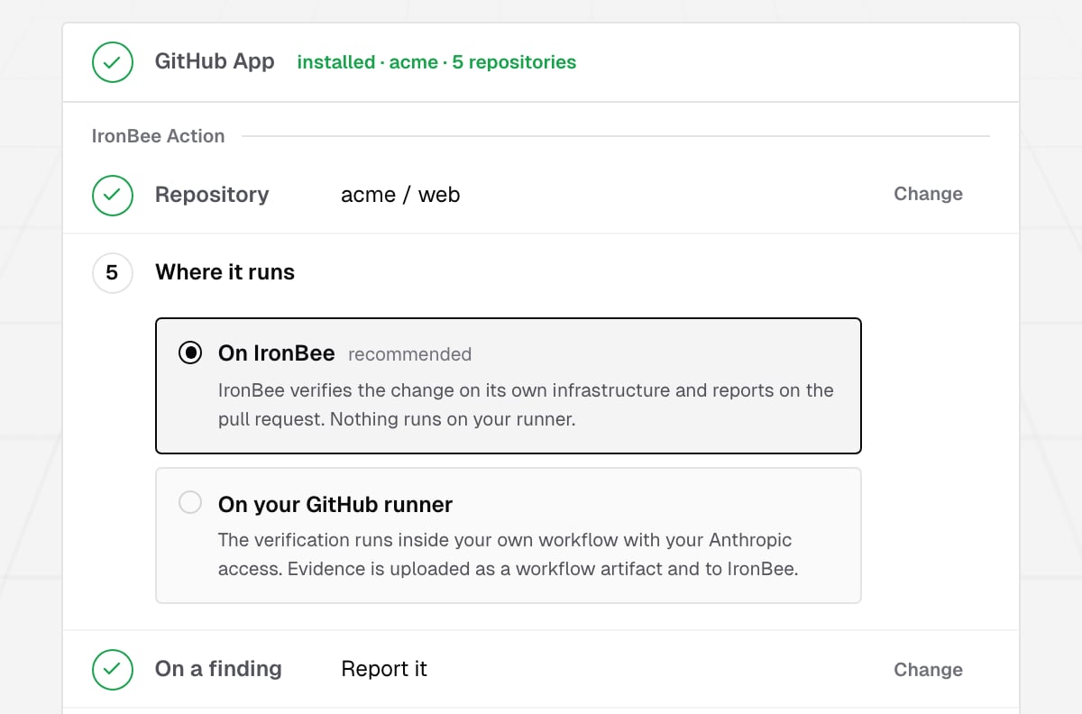 The IronBee Action step: the repository acme / web picked, Where it runs open with On IronBee (recommended) selected and On your GitHub runner, and On a finding set to Report it