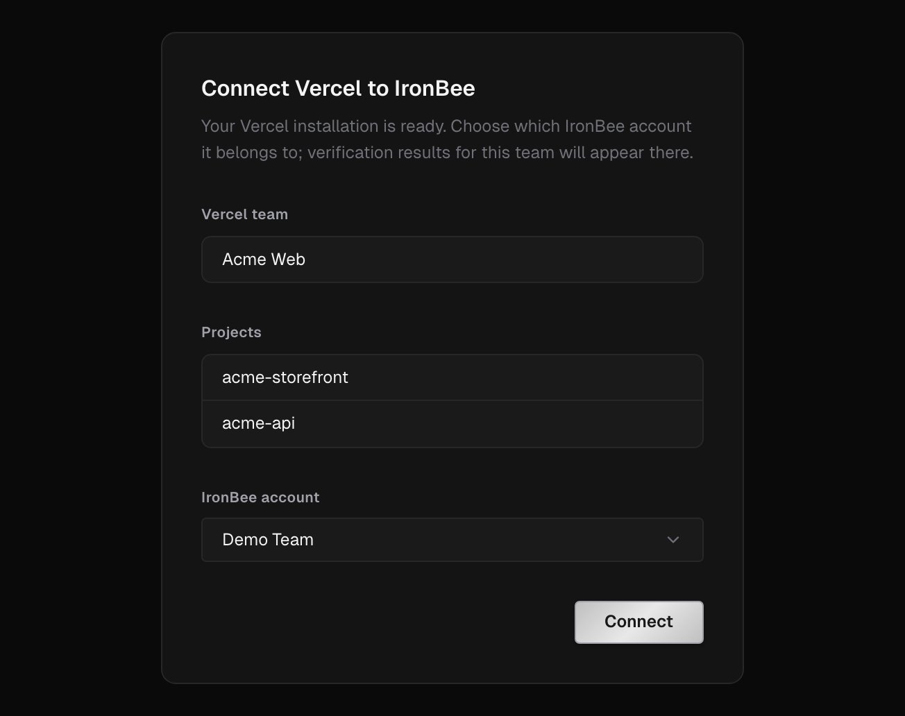 Connect Vercel to IronBee, showing the Vercel team, its projects, the IronBee account picker and the Connect button