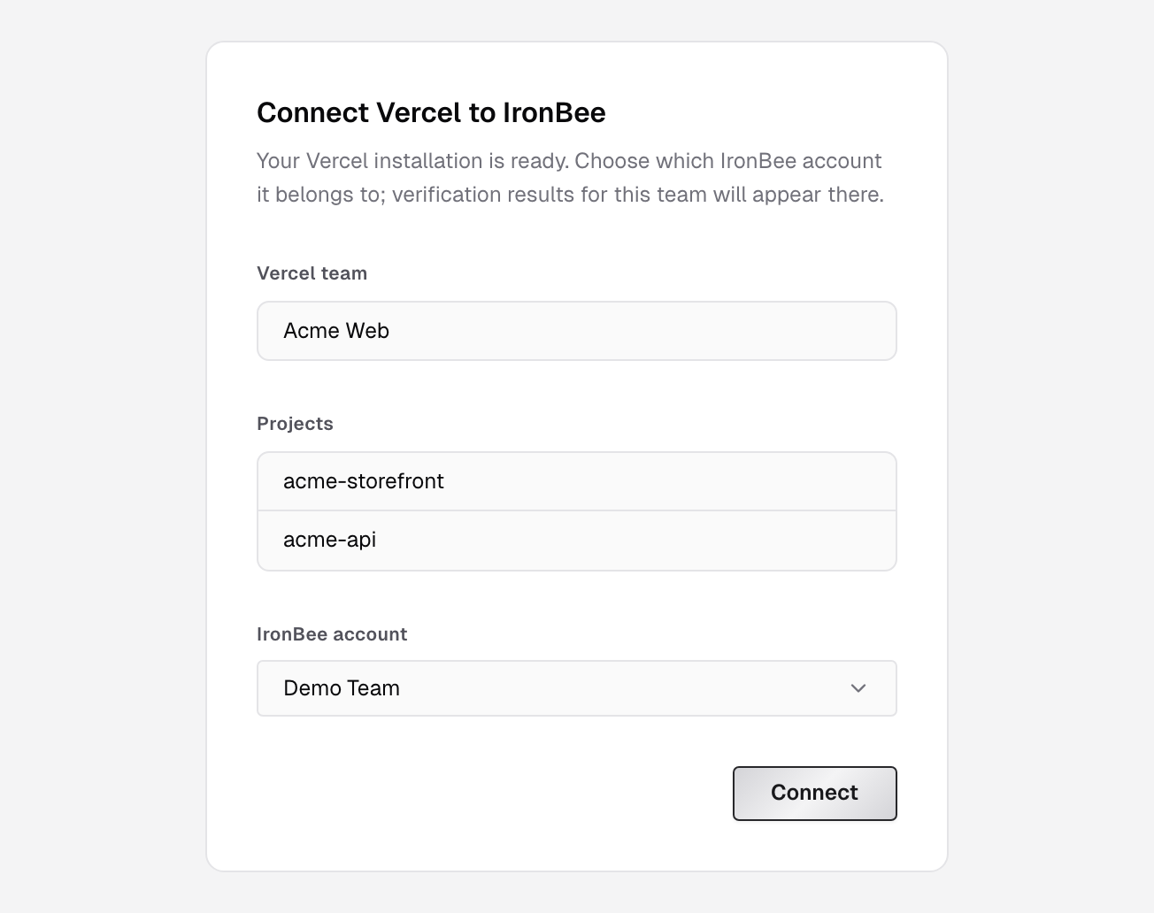 Connect Vercel to IronBee, showing the Vercel team, its projects, the IronBee account picker and the Connect button