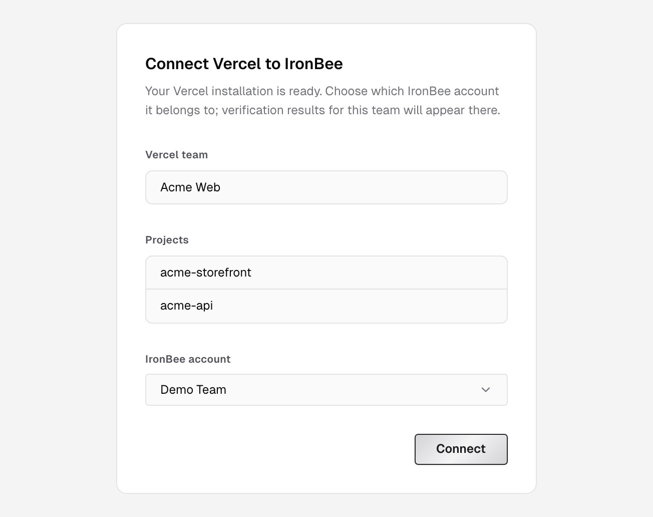 Connect Vercel to IronBee, showing the Vercel team, its projects, the IronBee account picker and the Connect button
