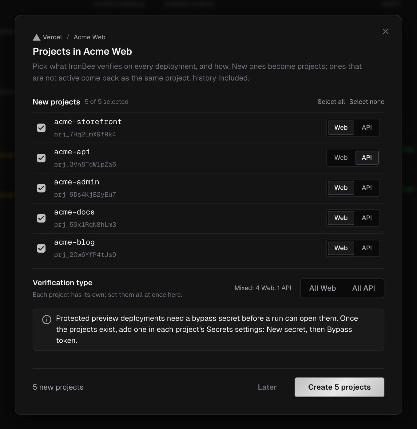 Projects in Acme Web: five Vercel projects selected, each with a Web or API choice, the Verification type bar and the Create 5 projects button