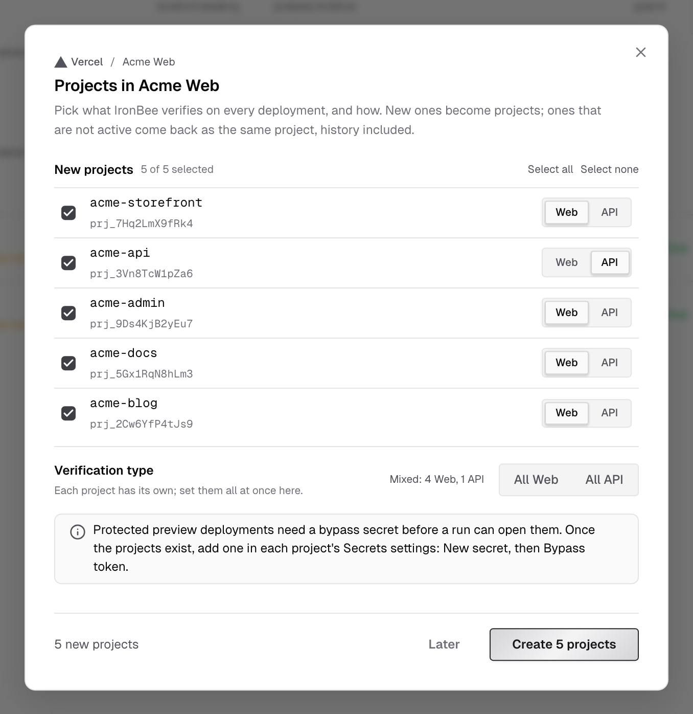Projects in Acme Web: five Vercel projects selected, each with a Web or API choice, the Verification type bar and the Create 5 projects button