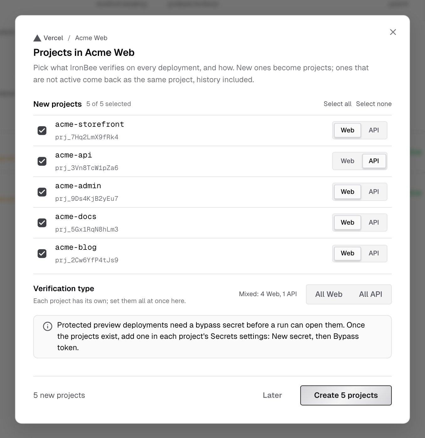 Projects in Acme Web: five Vercel projects selected, each with a Web or API choice, the Verification type bar and the Create 5 projects button