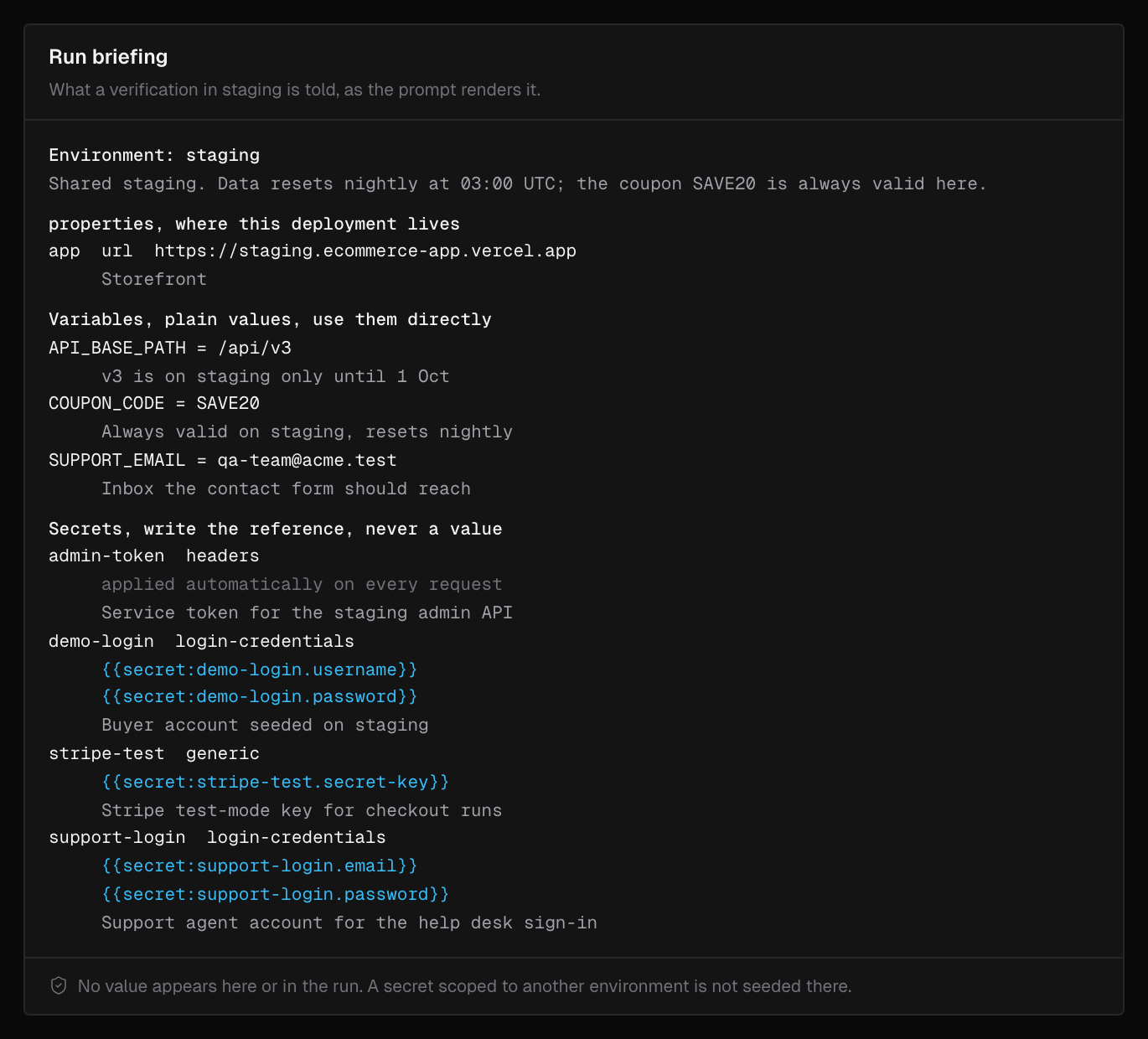 Run briefing for staging, listing the environment description, the app URL property, three variables with their values, and four secrets named without their values
