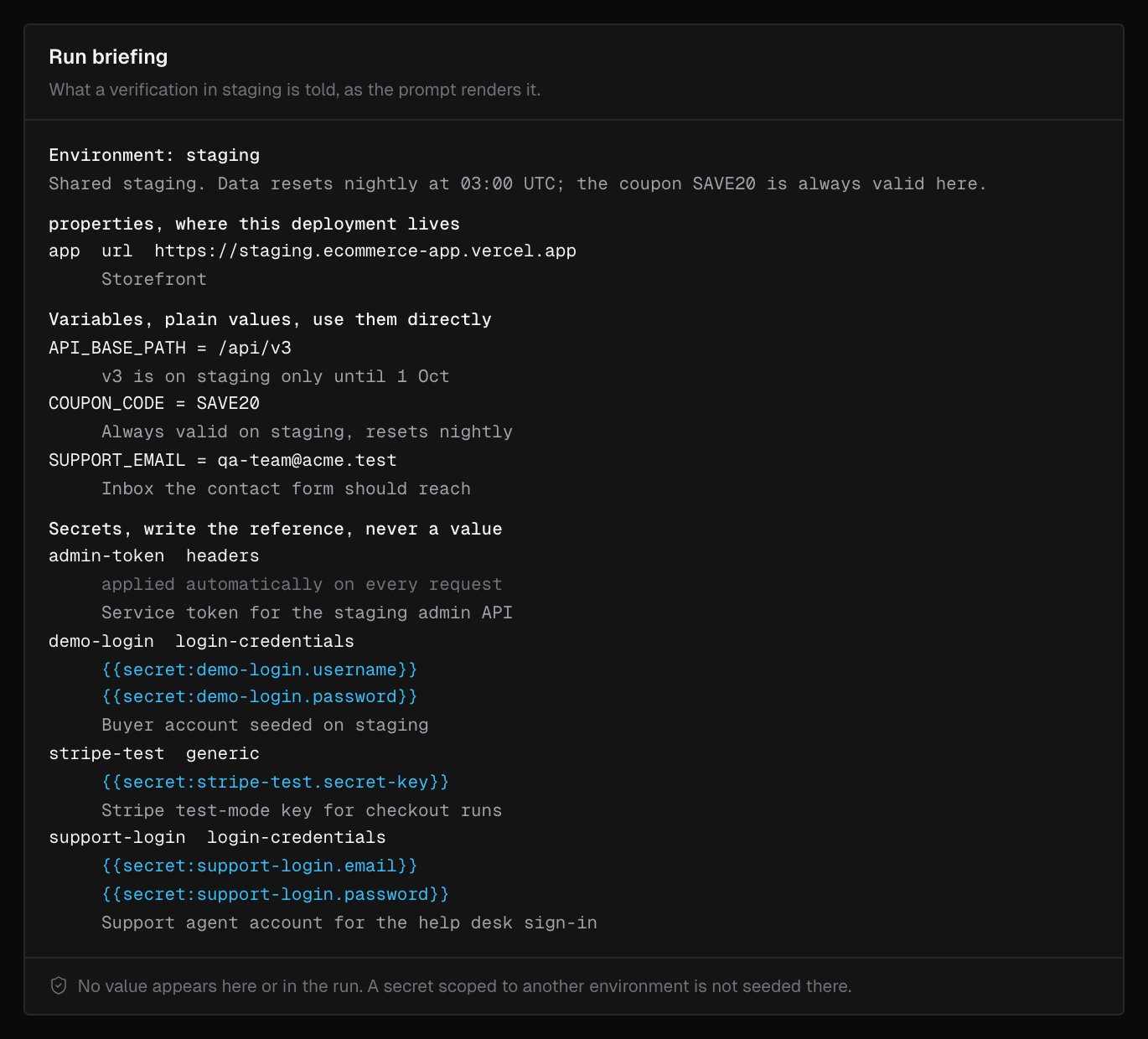 Run briefing for staging, listing the environment description, the app URL property, three variables with their values, and four secrets named without their values