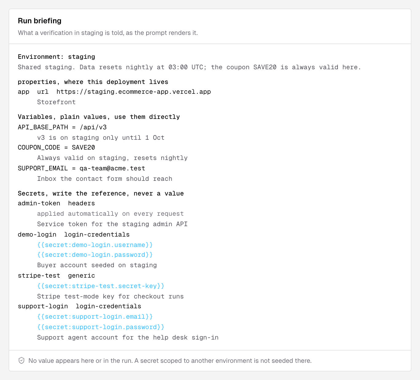 Run briefing for staging, listing the environment description, the app URL property, three variables with their values, and four secrets named without their values
