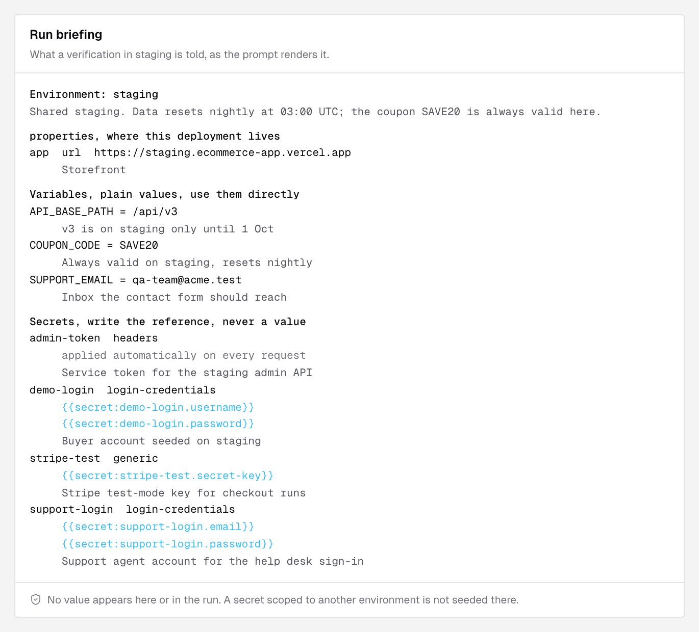 Run briefing for staging, listing the environment description, the app URL property, three variables with their values, and four secrets named without their values