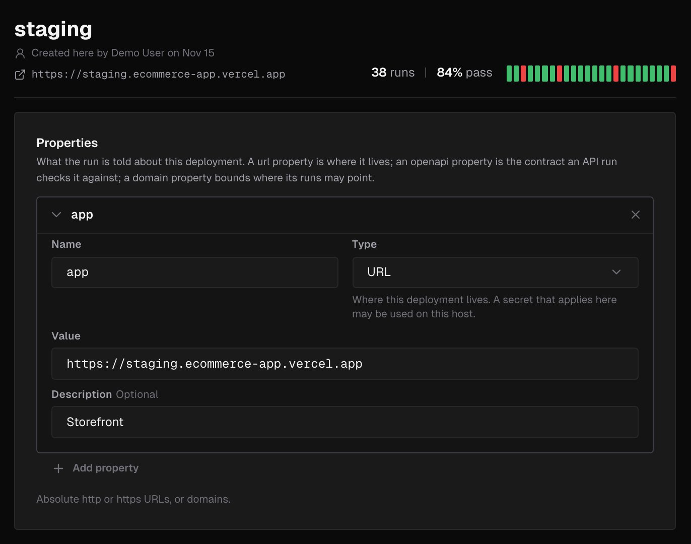 Environment page for staging with its run count and pass rate, and the Properties card with the app property expanded to show Name, Type, Value and Description