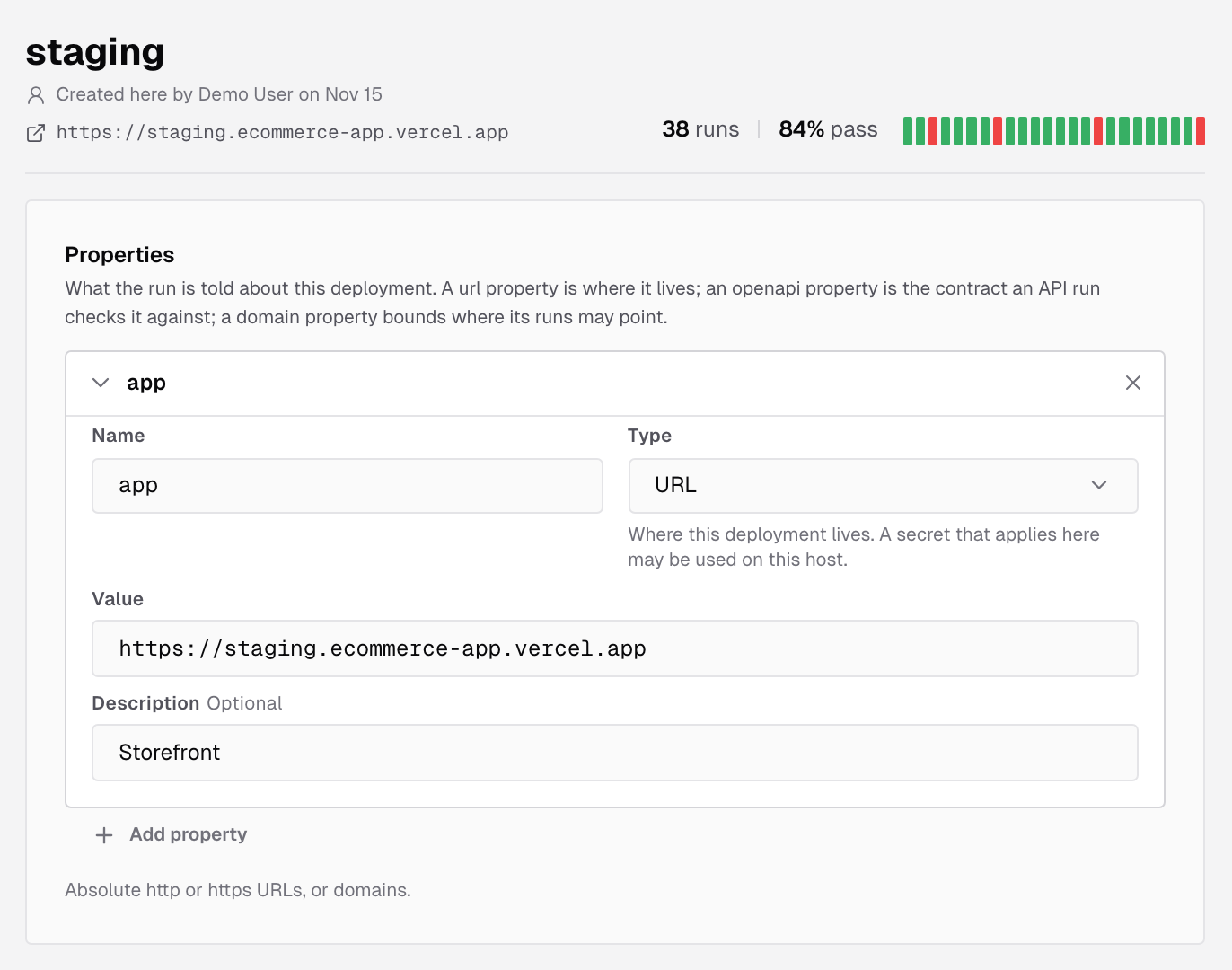 Environment page for staging with its run count and pass rate, and the Properties card with the app property expanded to show Name, Type, Value and Description
