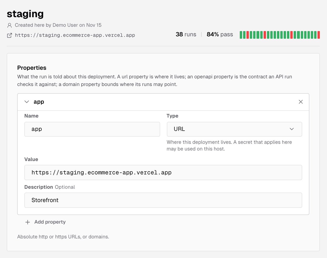 Environment page for staging with its run count and pass rate, and the Properties card with the app property expanded to show Name, Type, Value and Description