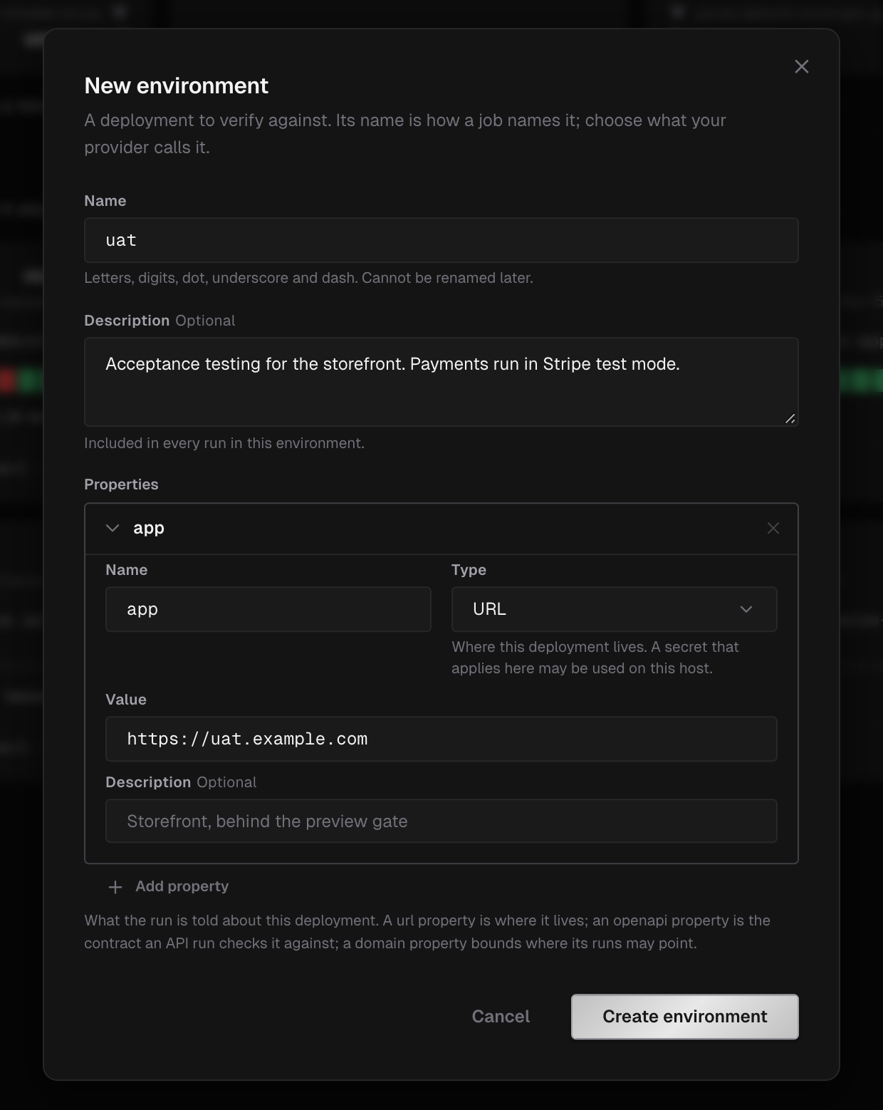 New environment dialog with the name uat, a description, and an app URL property set to https://uat.example.com