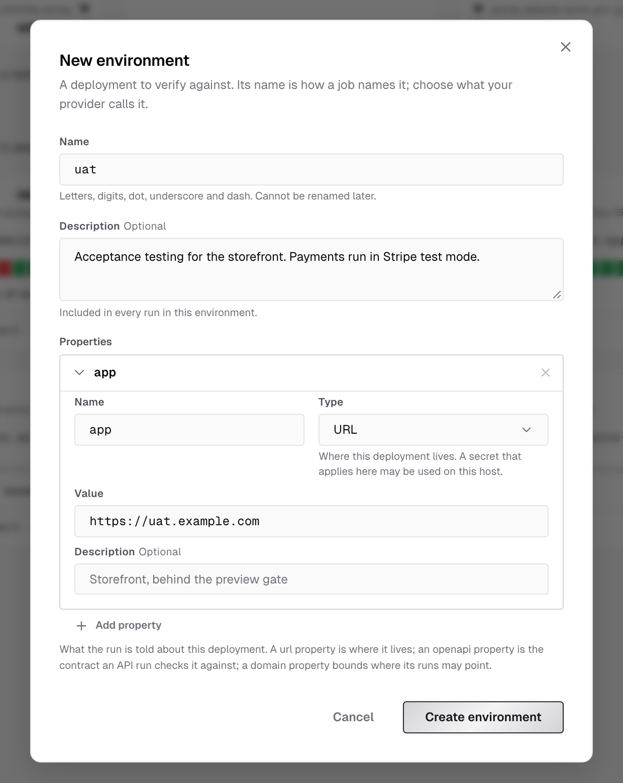 New environment dialog with the name uat, a description, and an app URL property set to https://uat.example.com