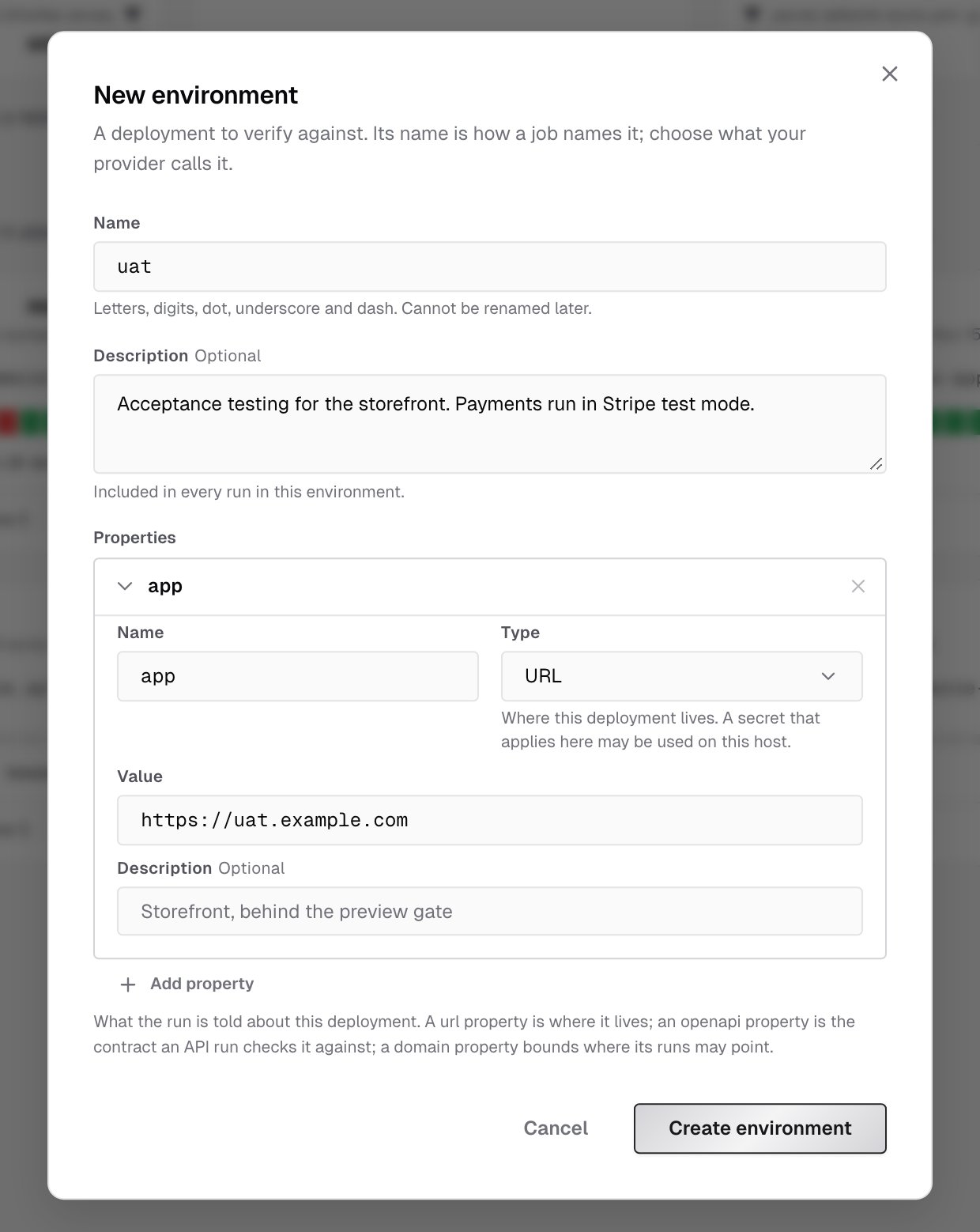New environment dialog with the name uat, a description, and an app URL property set to https://uat.example.com