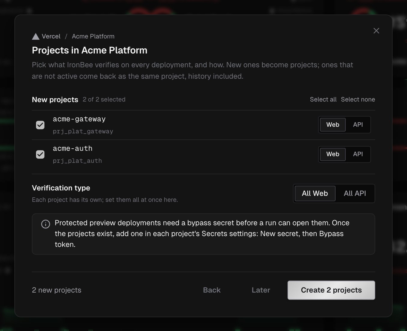 New project dialog listing two Vercel projects to create, each with a Web or API choice, and the Create 2 projects button
