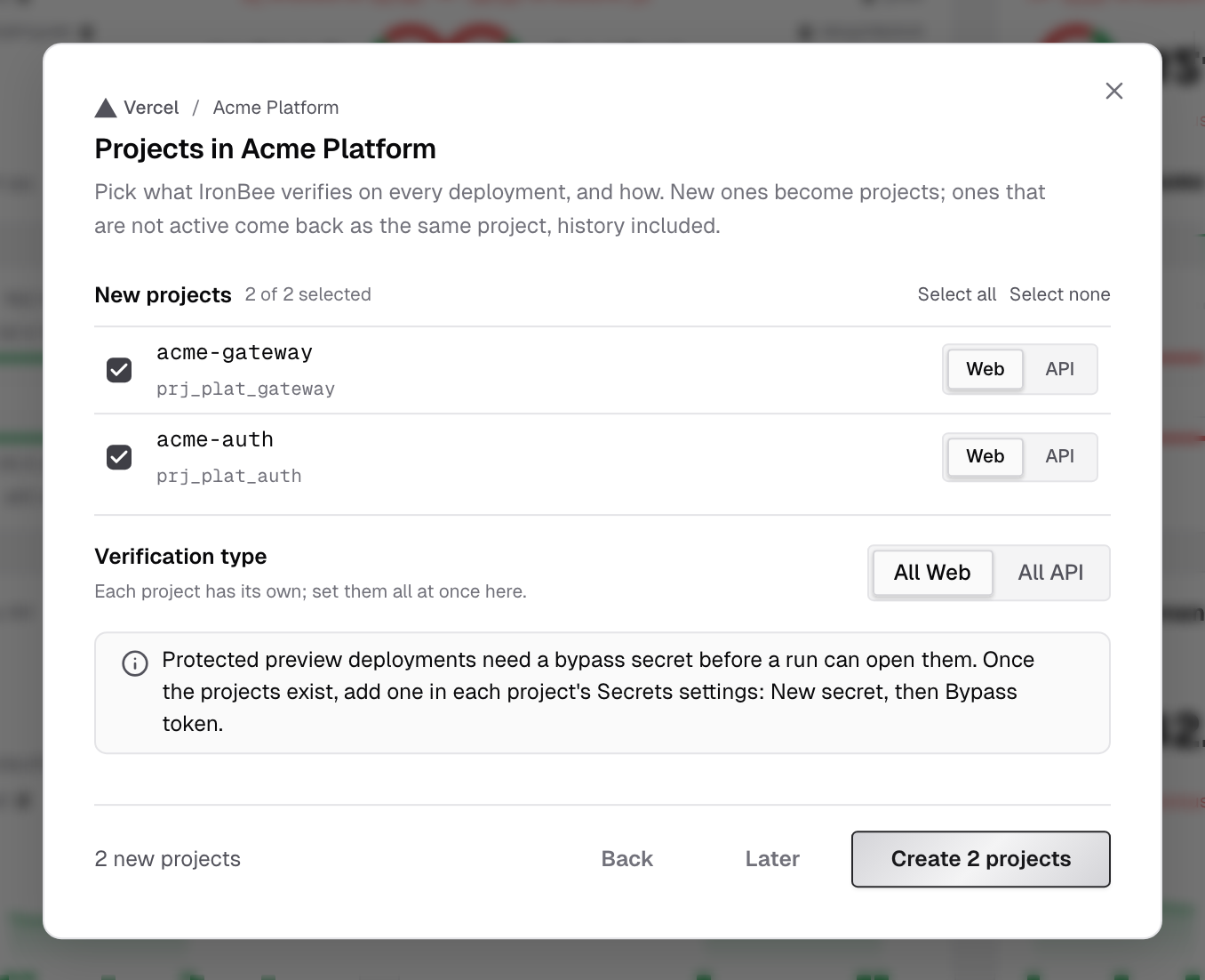 New project dialog listing two Vercel projects to create, each with a Web or API choice, and the Create 2 projects button