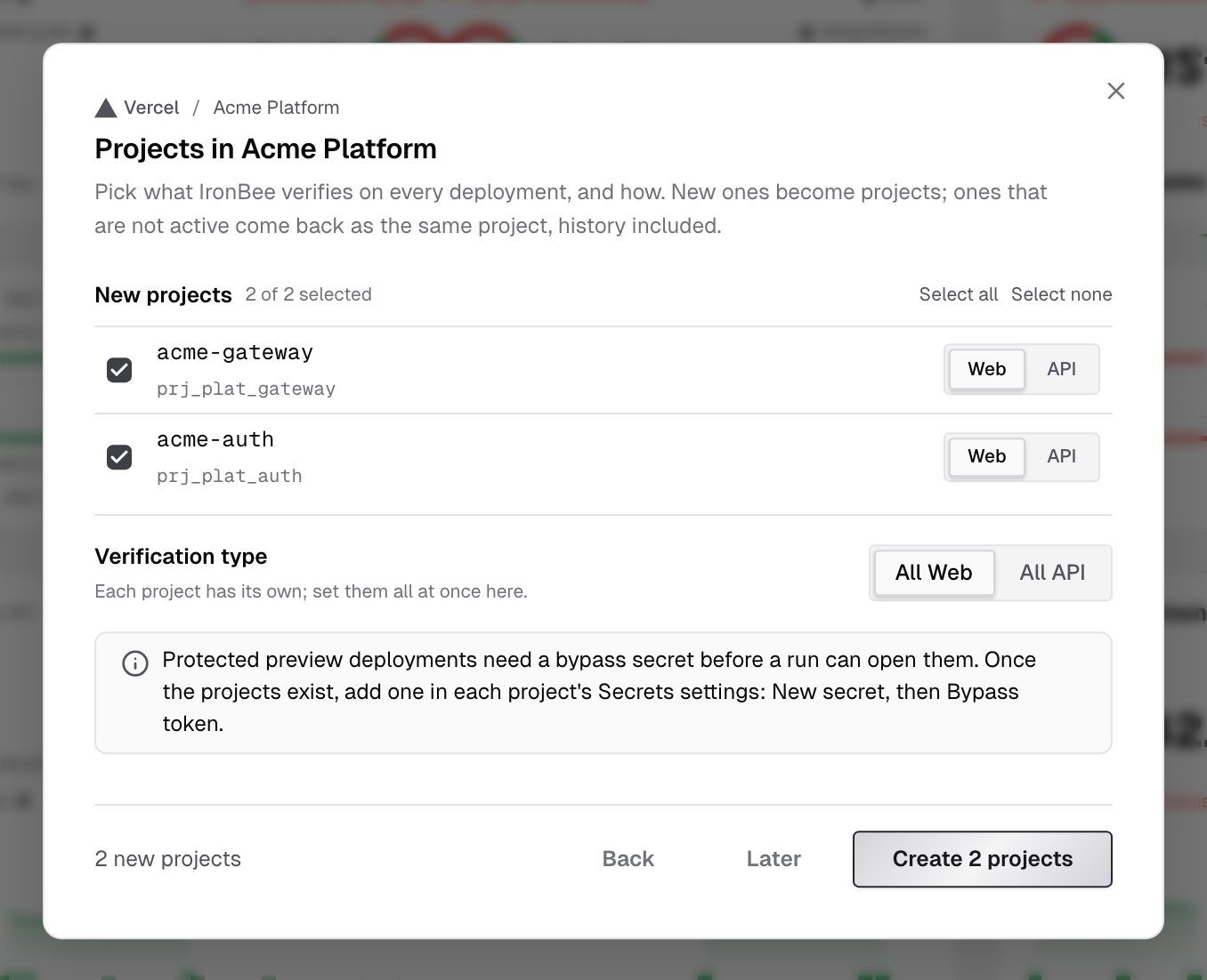 New project dialog listing two Vercel projects to create, each with a Web or API choice, and the Create 2 projects button