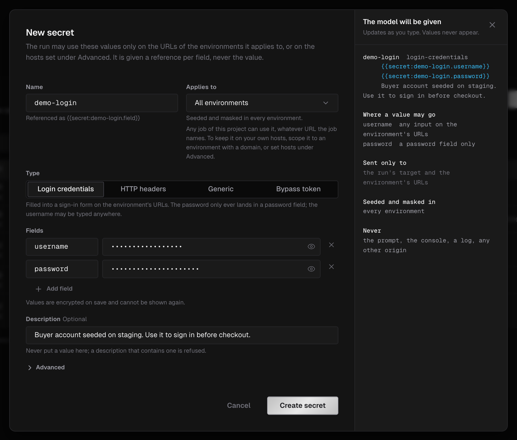 New secret dialog for a Login credentials secret named demo-login, with masked username and password values and The model will be given panel listing its two references