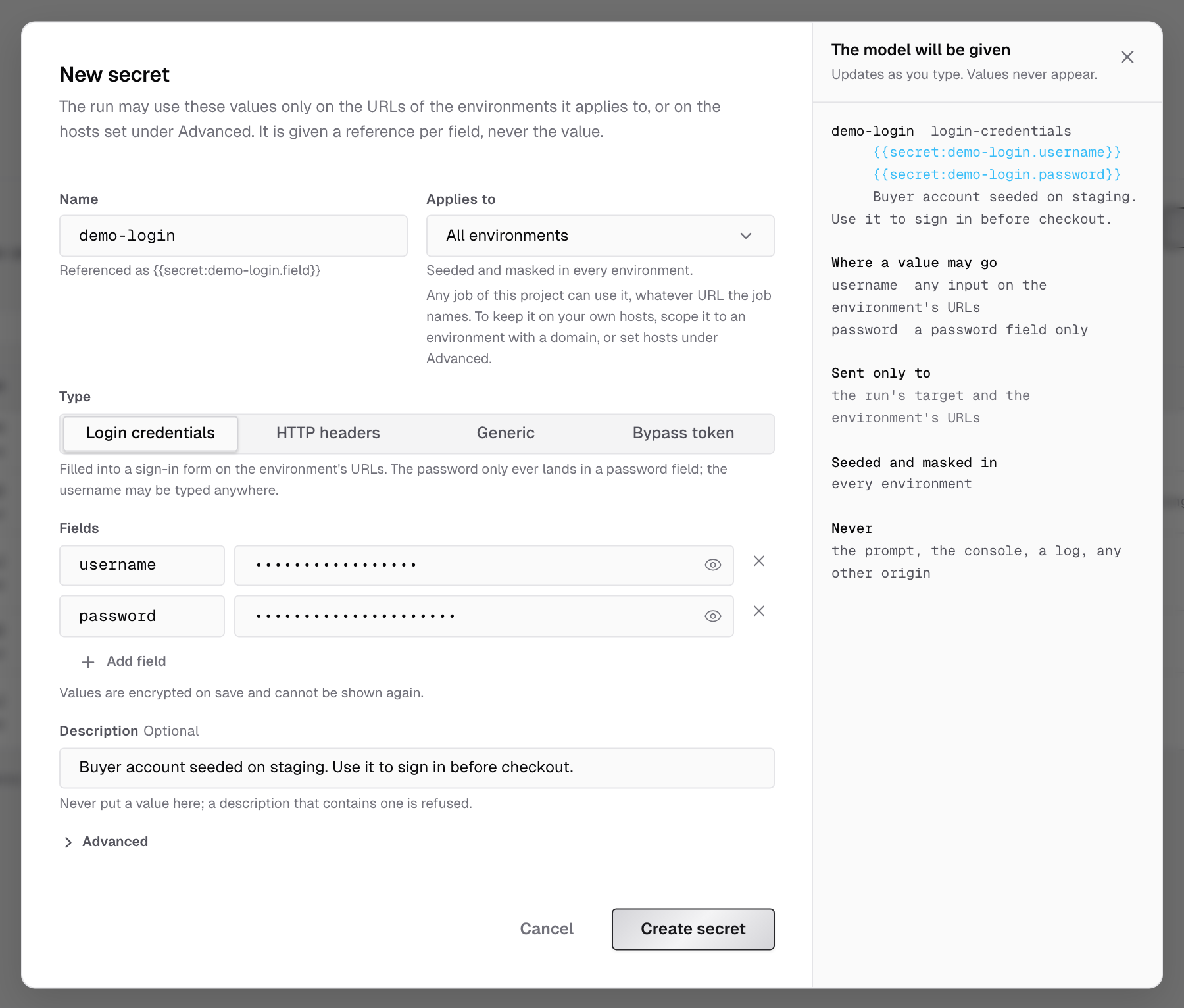 New secret dialog for a Login credentials secret named demo-login, with masked username and password values and The model will be given panel listing its two references