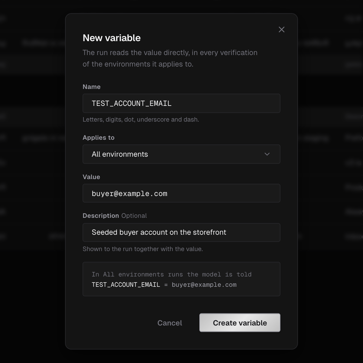 New variable dialog with the name TEST_ACCOUNT_EMAIL, Applies to set to All environments, a value and description, and a preview of what the model is told