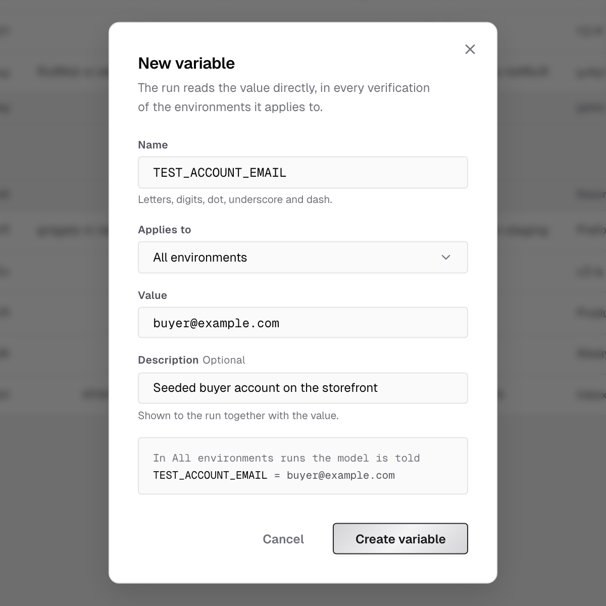 New variable dialog with the name TEST_ACCOUNT_EMAIL, Applies to set to All environments, a value and description, and a preview of what the model is told