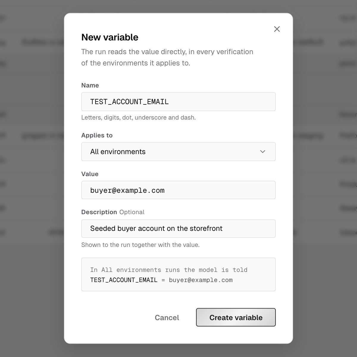 New variable dialog with the name TEST_ACCOUNT_EMAIL, Applies to set to All environments, a value and description, and a preview of what the model is told