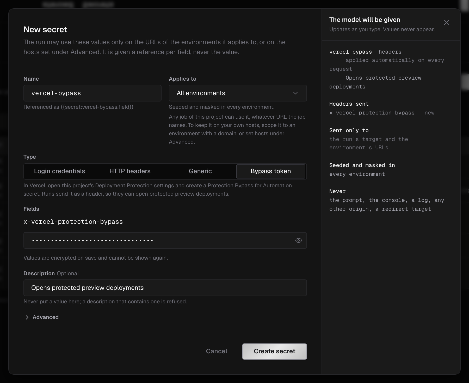 New secret dialog with the Bypass token type selected, the x-vercel-protection-bypass field, and the preview showing the header is applied automatically on every request