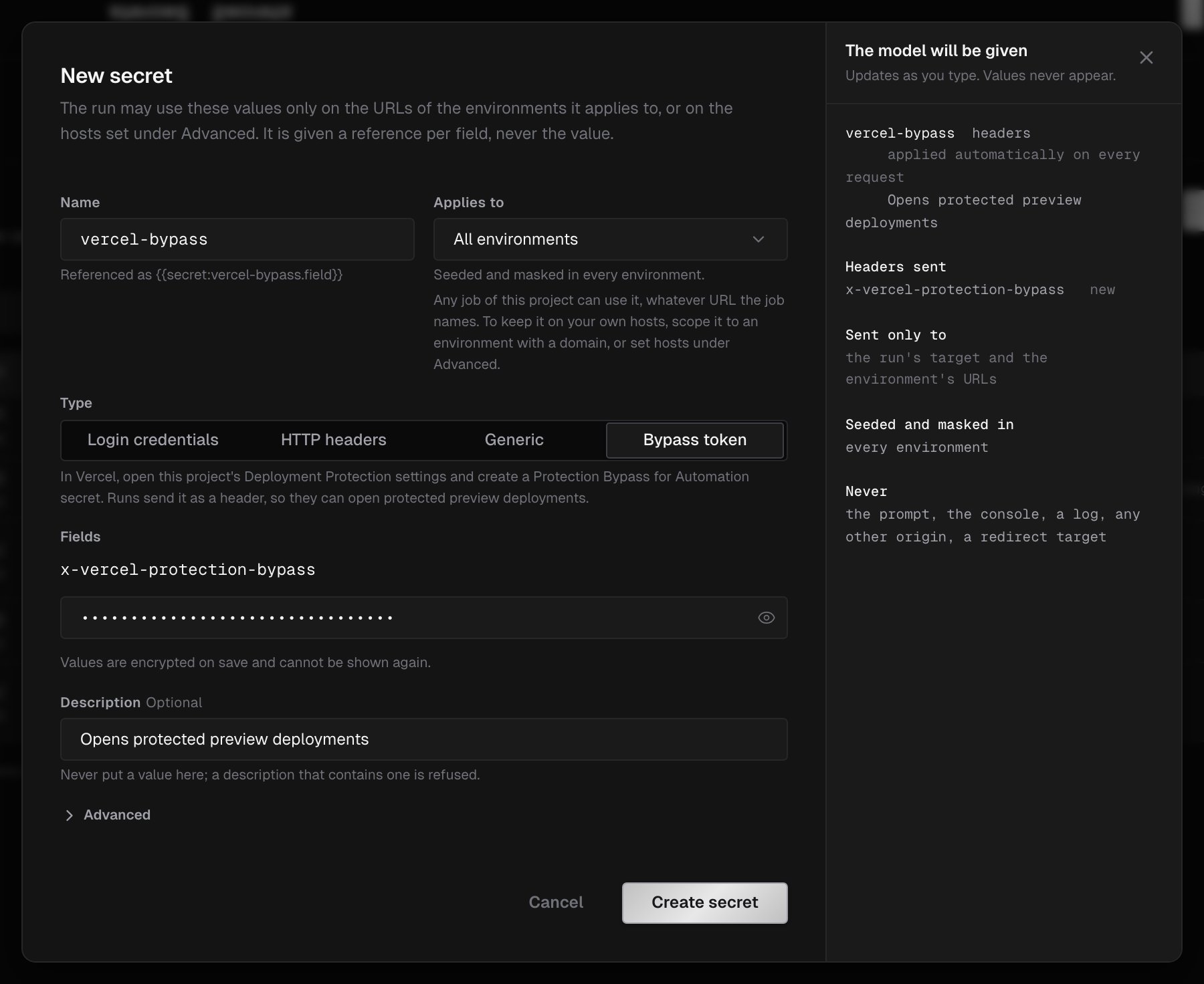 New secret dialog with the Bypass token type selected, the x-vercel-protection-bypass field, and the preview showing the header is applied automatically on every request
