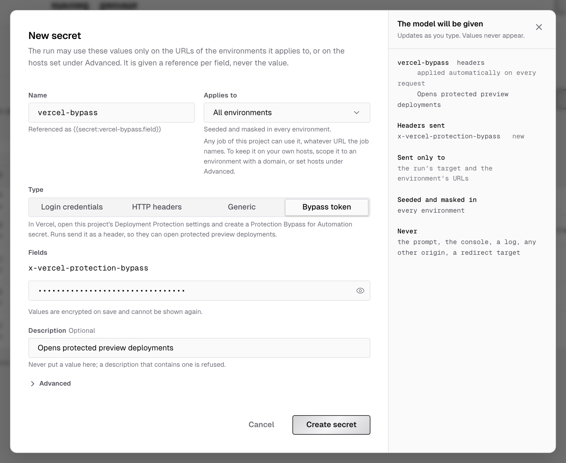 New secret dialog with the Bypass token type selected, the x-vercel-protection-bypass field, and the preview showing the header is applied automatically on every request