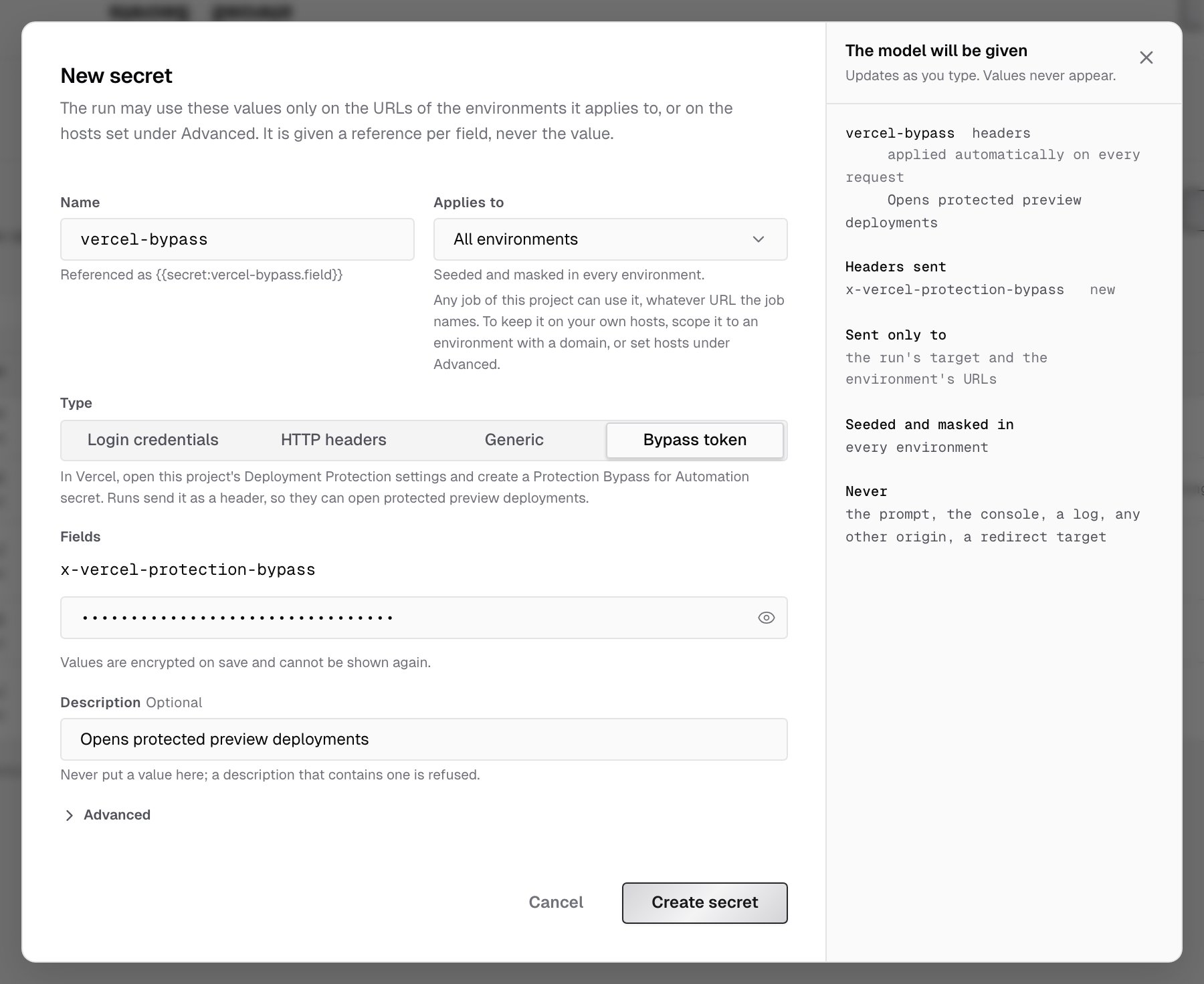 New secret dialog with the Bypass token type selected, the x-vercel-protection-bypass field, and the preview showing the header is applied automatically on every request