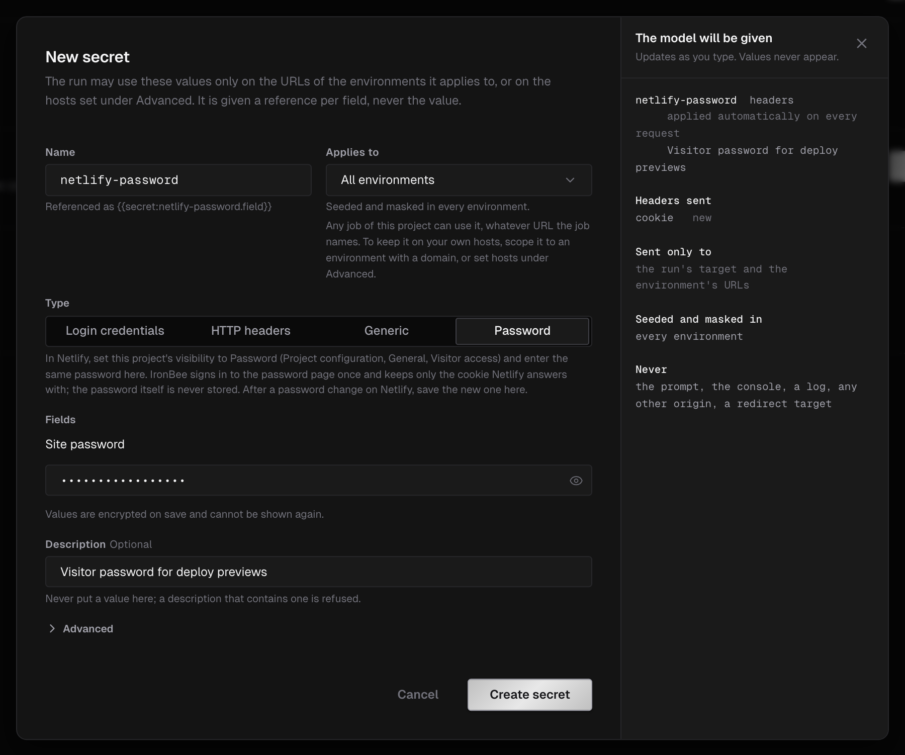 New secret dialog with the Password type selected for a Netlify site, the Site password field, and the preview showing a cookie header applied automatically