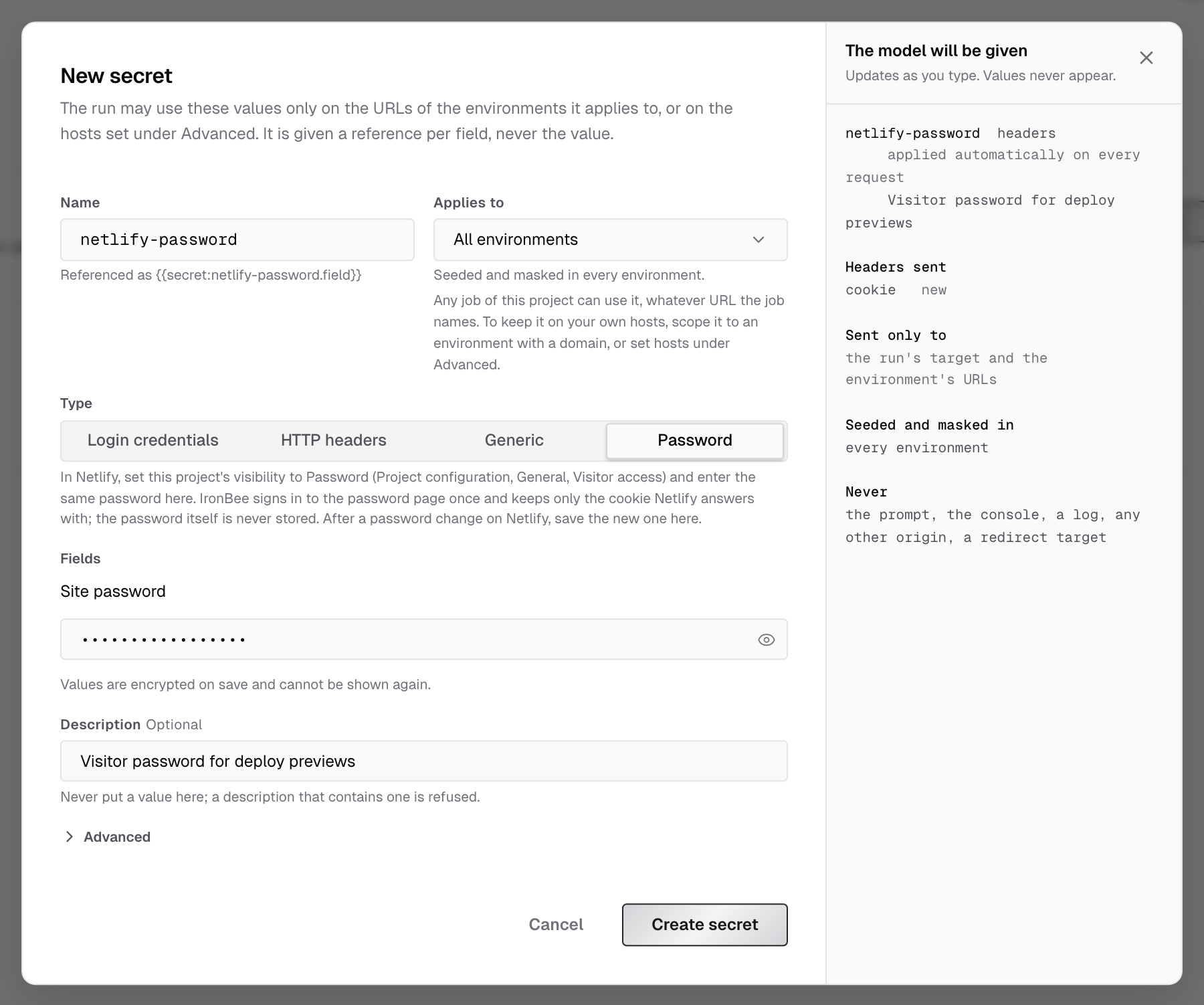 New secret dialog with the Password type selected for a Netlify site, the Site password field, and the preview showing a cookie header applied automatically