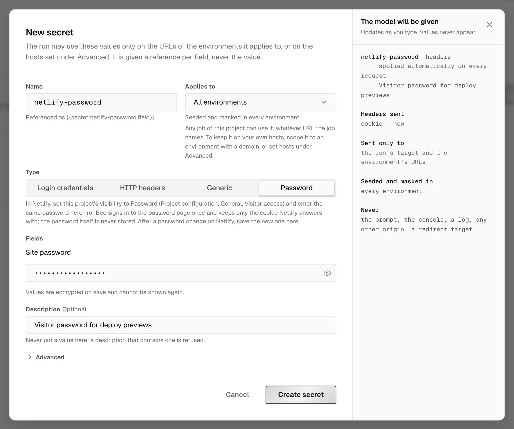New secret dialog with the Password type selected for a Netlify site, the Site password field, and the preview showing a cookie header applied automatically