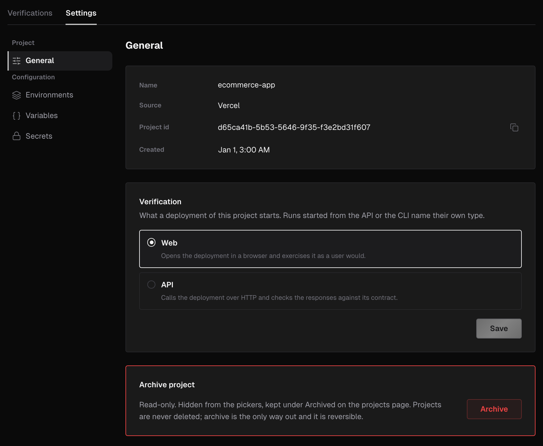 Project Settings tab on the General page, with the Project and Configuration menu, the Name, Source, Project id and Created fields, the Verification card and the Archive project card