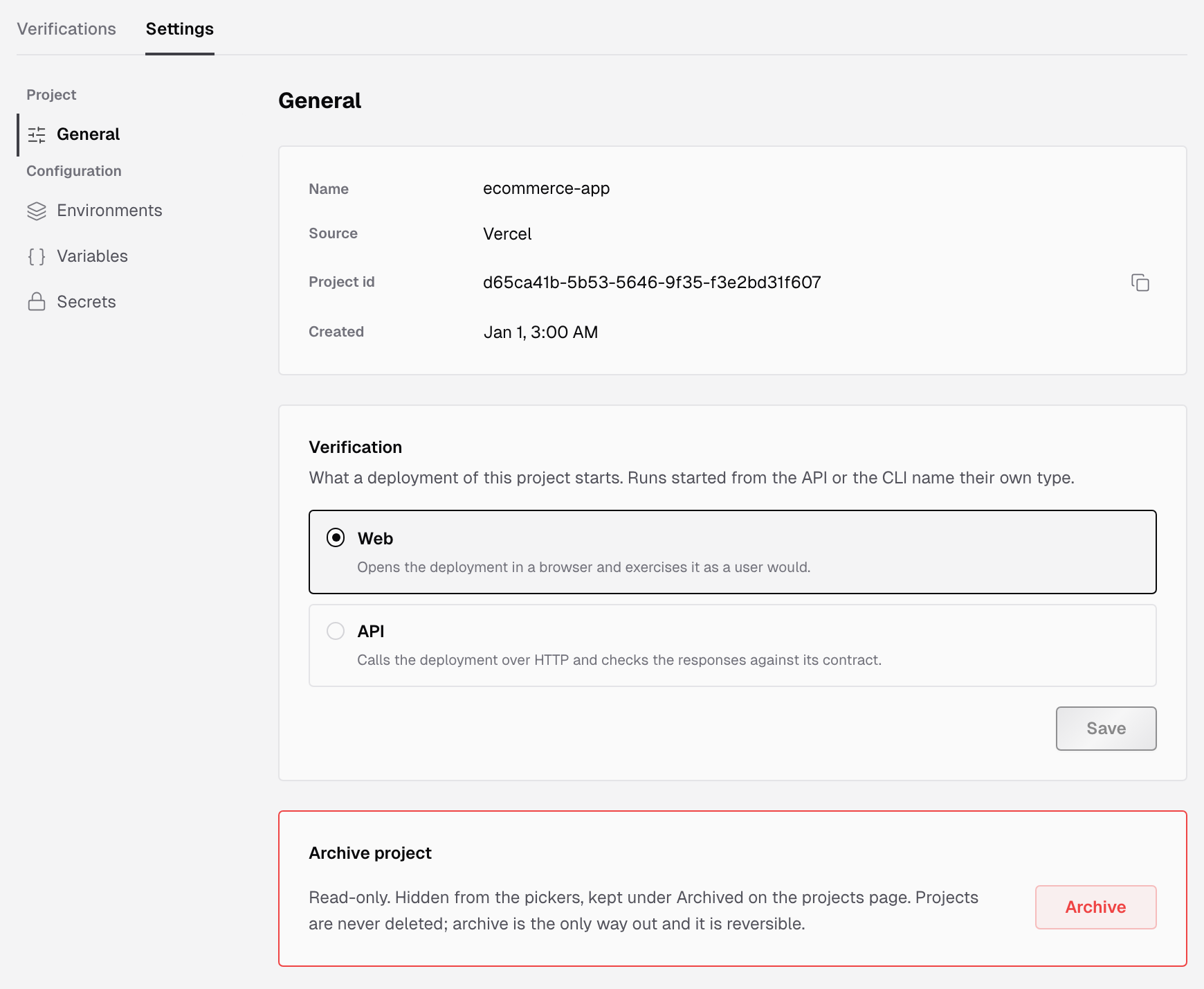 Project Settings tab on the General page, with the Project and Configuration menu, the Name, Source, Project id and Created fields, the Verification card and the Archive project card
