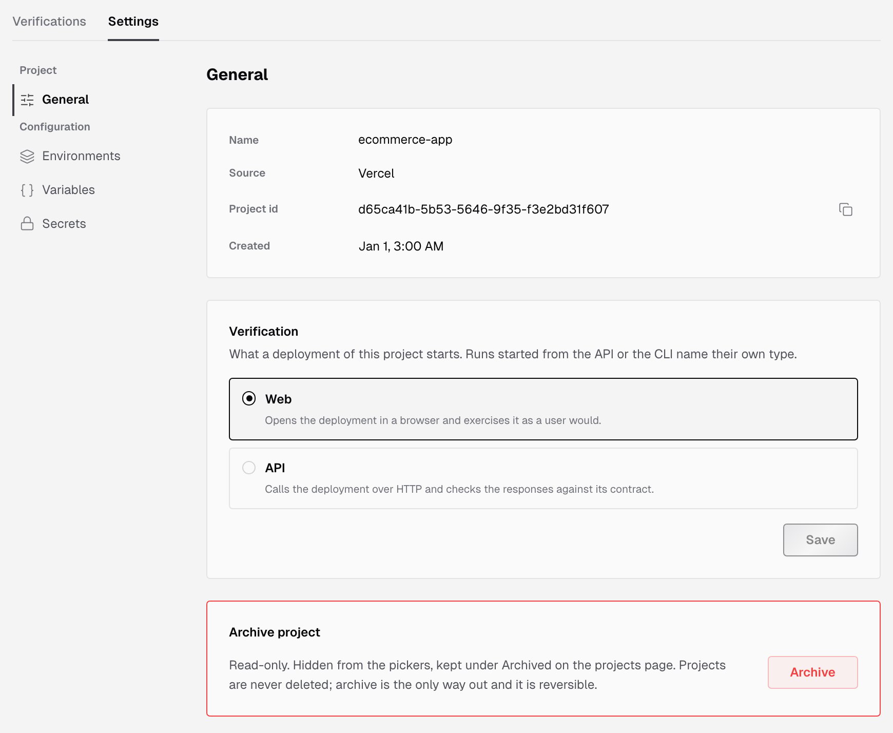 Project Settings tab on the General page, with the Project and Configuration menu, the Name, Source, Project id and Created fields, the Verification card and the Archive project card