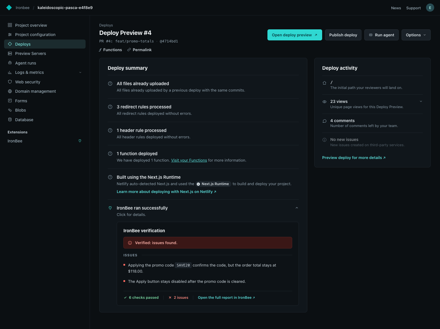 Netlify - deploy summary with the IronBee verification card