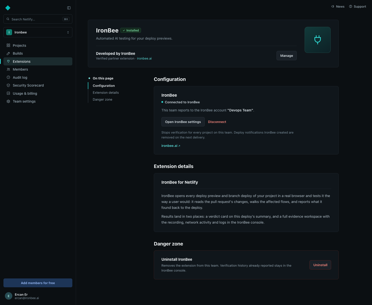 Netlify - the IronBee extension page with configuration and danger zone