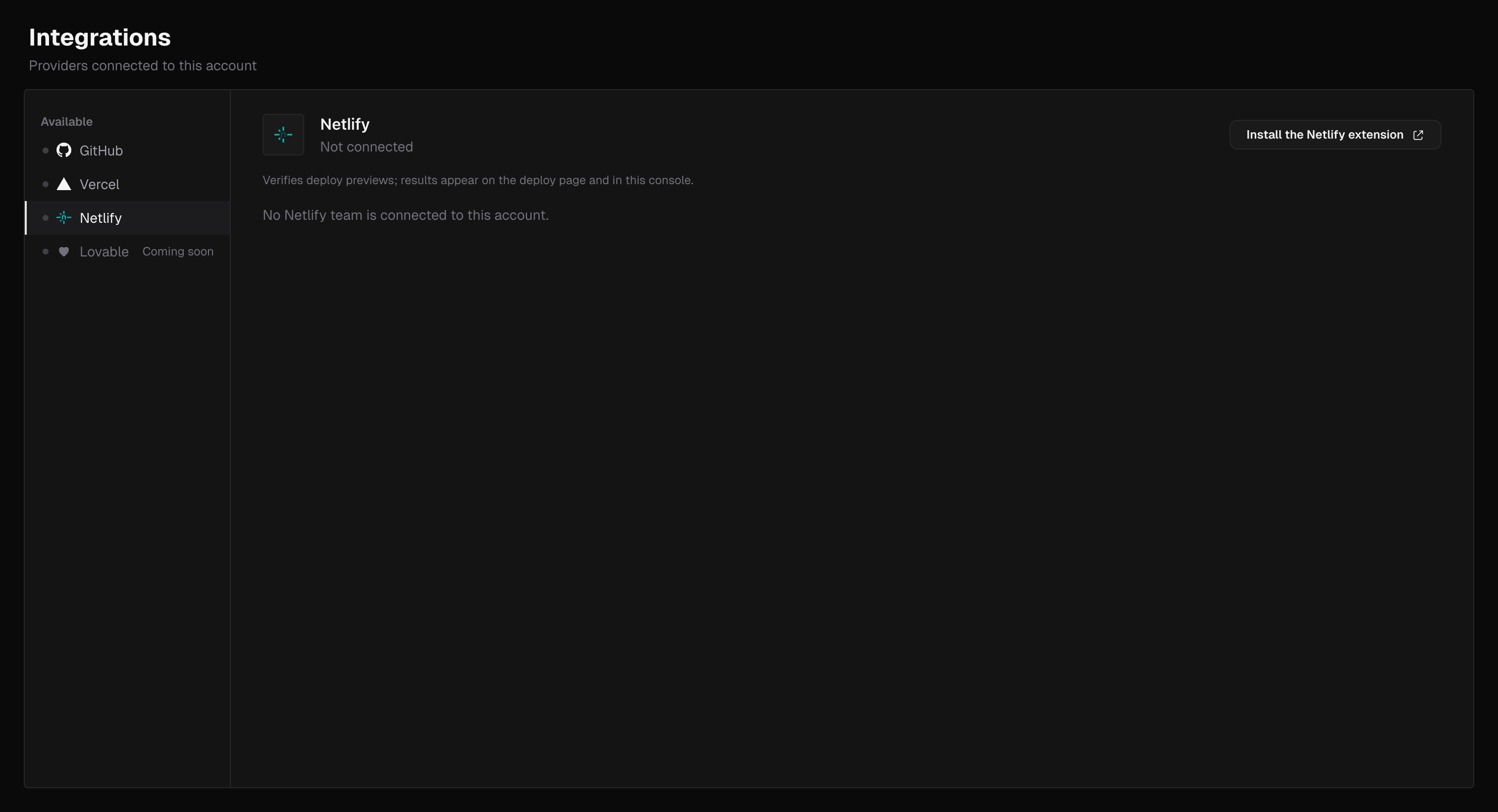 Console - Integrations page, Netlify not yet connected