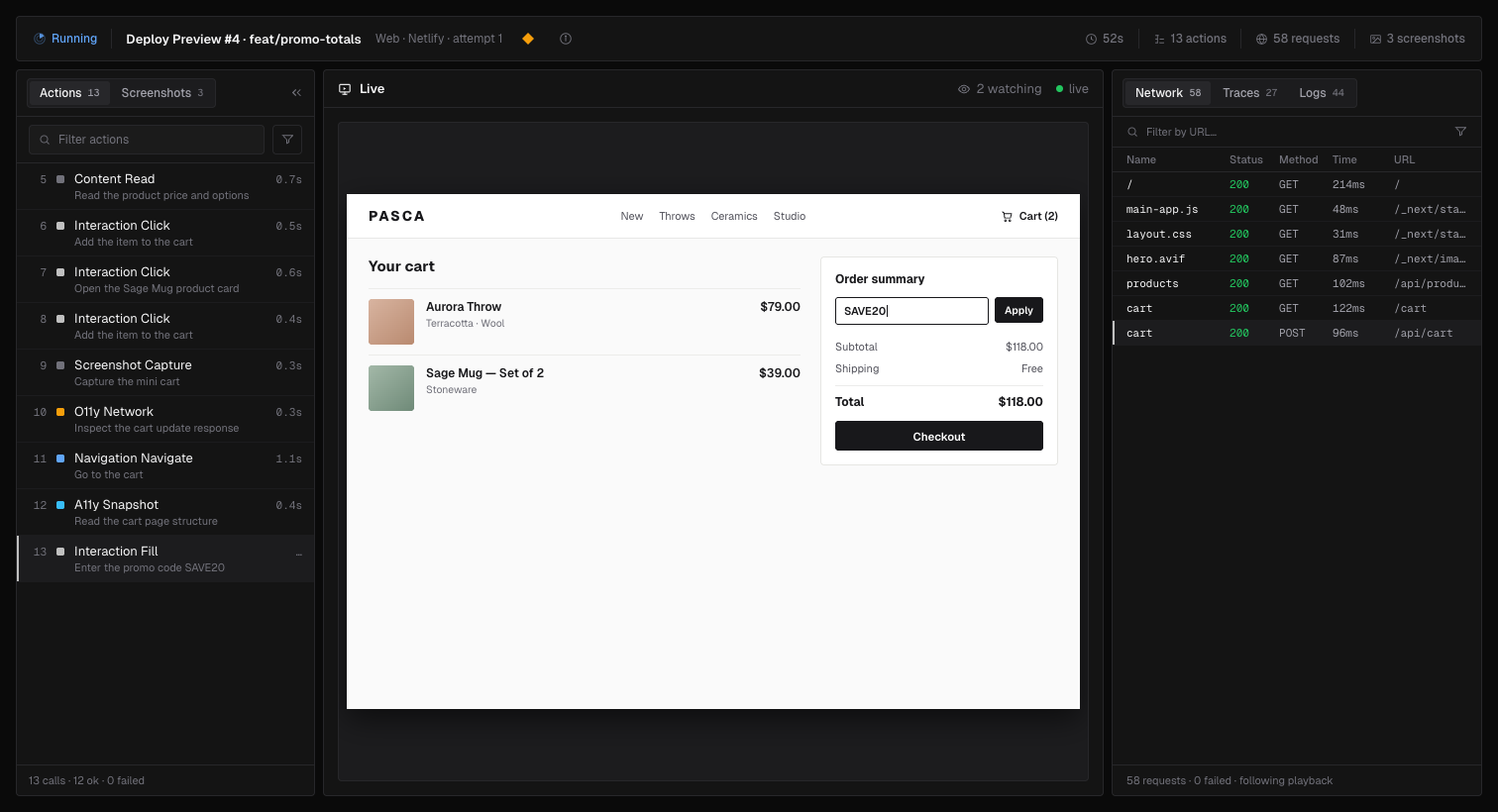 Console - a Netlify deploy preview verification running live