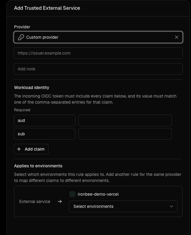 Vercel - Trusted Sources, custom provider form