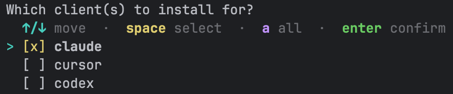 Checkbox multi-select titled 'Which client(s) to install for?' with claude checked and cursor and codex unchecked