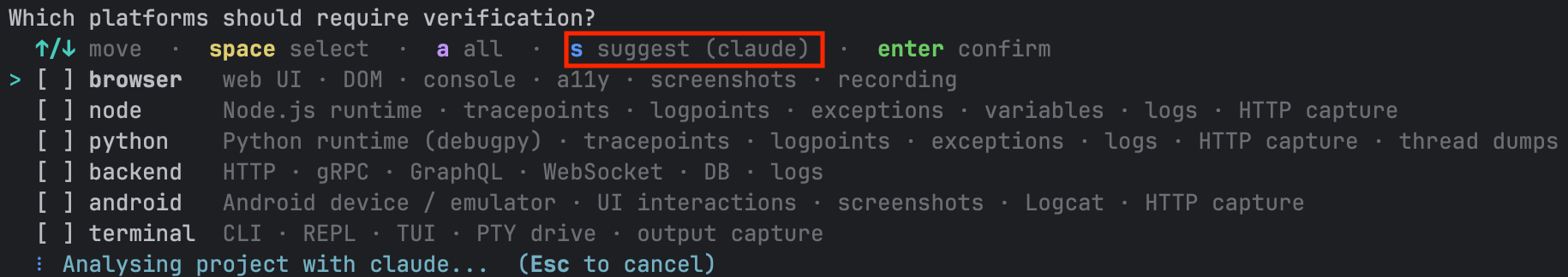 Platform multi-select with the 's suggest (claude)' key highlighted and 'Analysing project with claude…' shown while IronBee recommends platforms