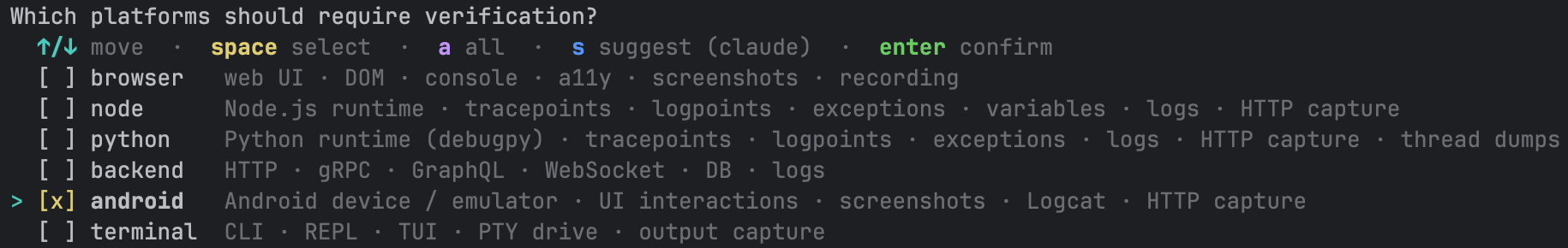 Platform multi-select with android checked and the cursor on the android row