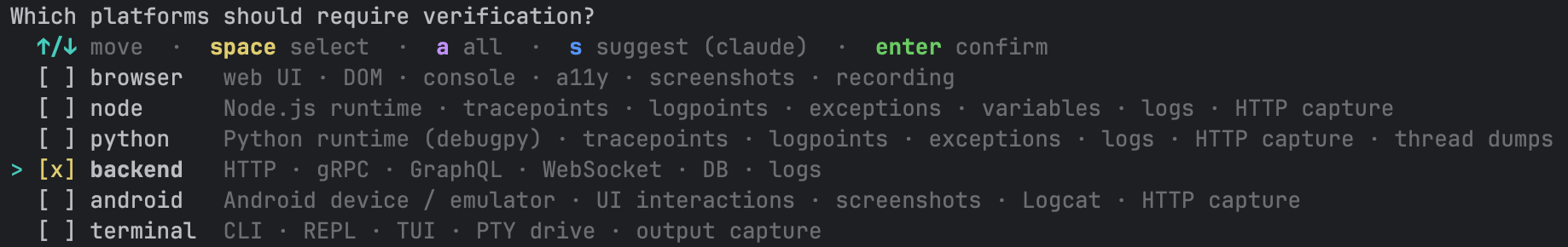 Platform multi-select with backend checked and the cursor on the backend row