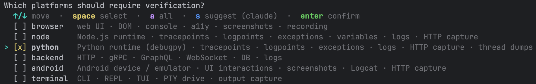 Platform multi-select with python checked and the cursor on the python row