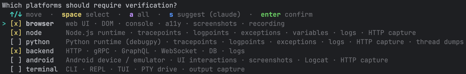 Platform multi-select after suggestion with browser, node, and backend checked as the recommended set