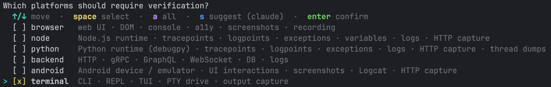 Platform multi-select with terminal checked and the cursor on the terminal row