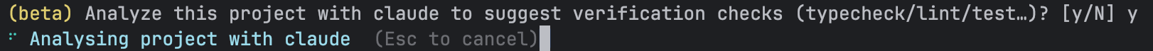 Beta yes/no gate accepted, with 'Analysing project with claude… (Esc to cancel)' shown while IronBee inspects the project for check commands