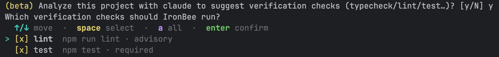 Per-check approval multi-select showing 'lint — npm run lint · advisory' and 'test — npm test · required' with checkboxes