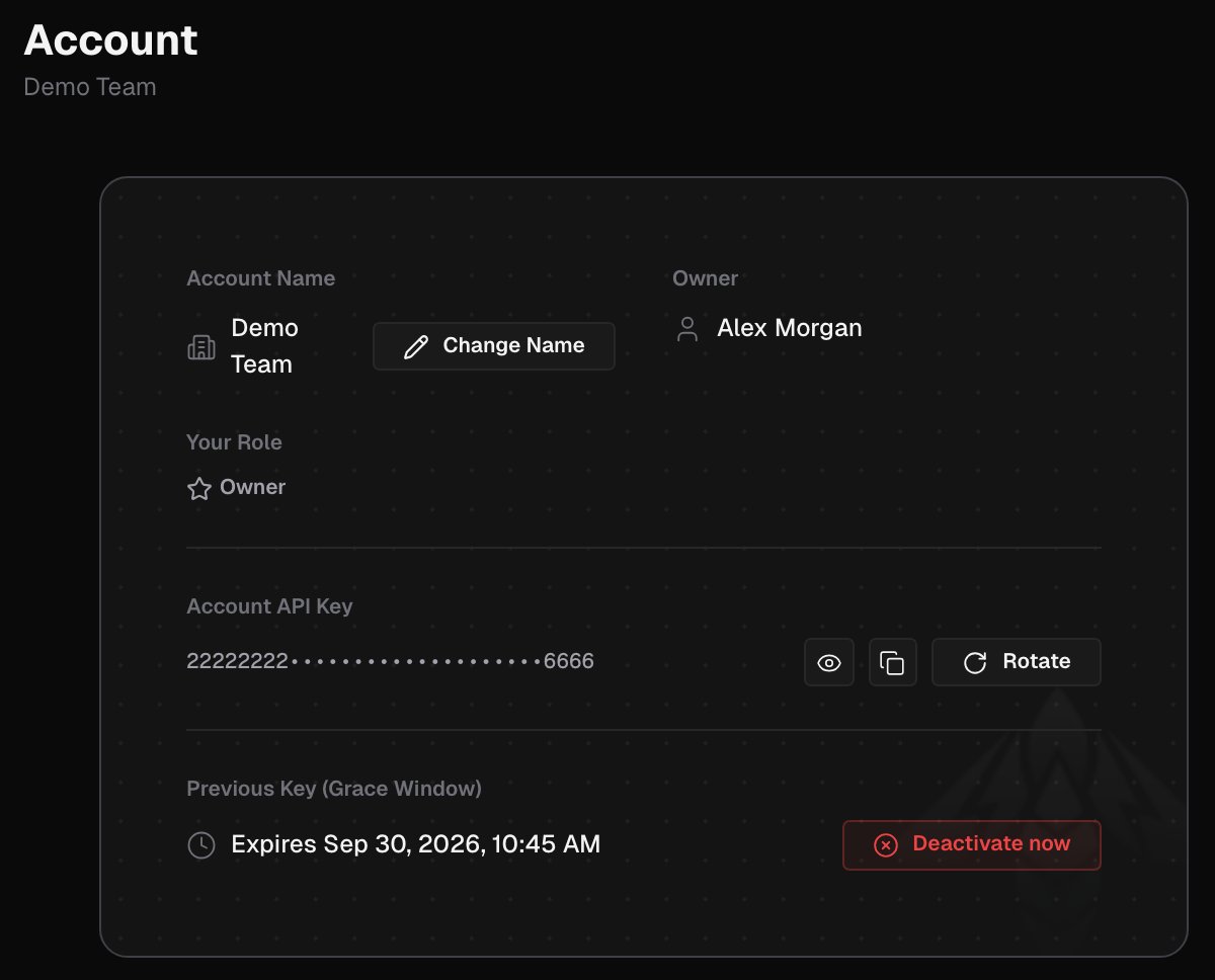 Account page with the Account Name and Change Name button, the Owner, Your Role, the masked Account API Key with Rotate, and a Previous Key (Grace Window) with Deactivate now